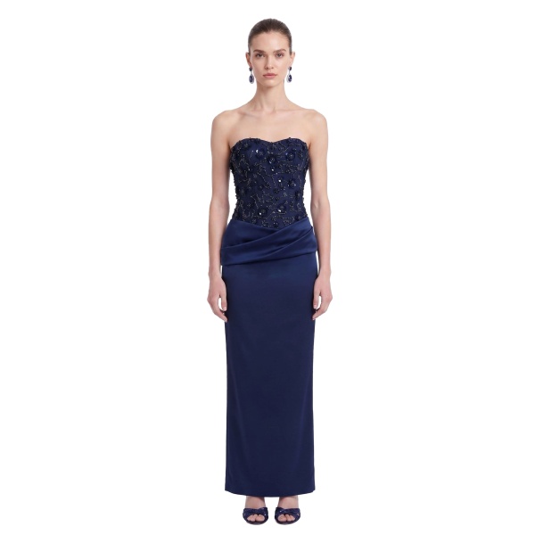 JW PEI Beaded Floral Strapless Draped Satin Maxi Dress