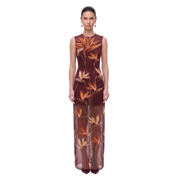 JW PEI Bird of Paradise Appliqué Sheer Column Maxi Dress