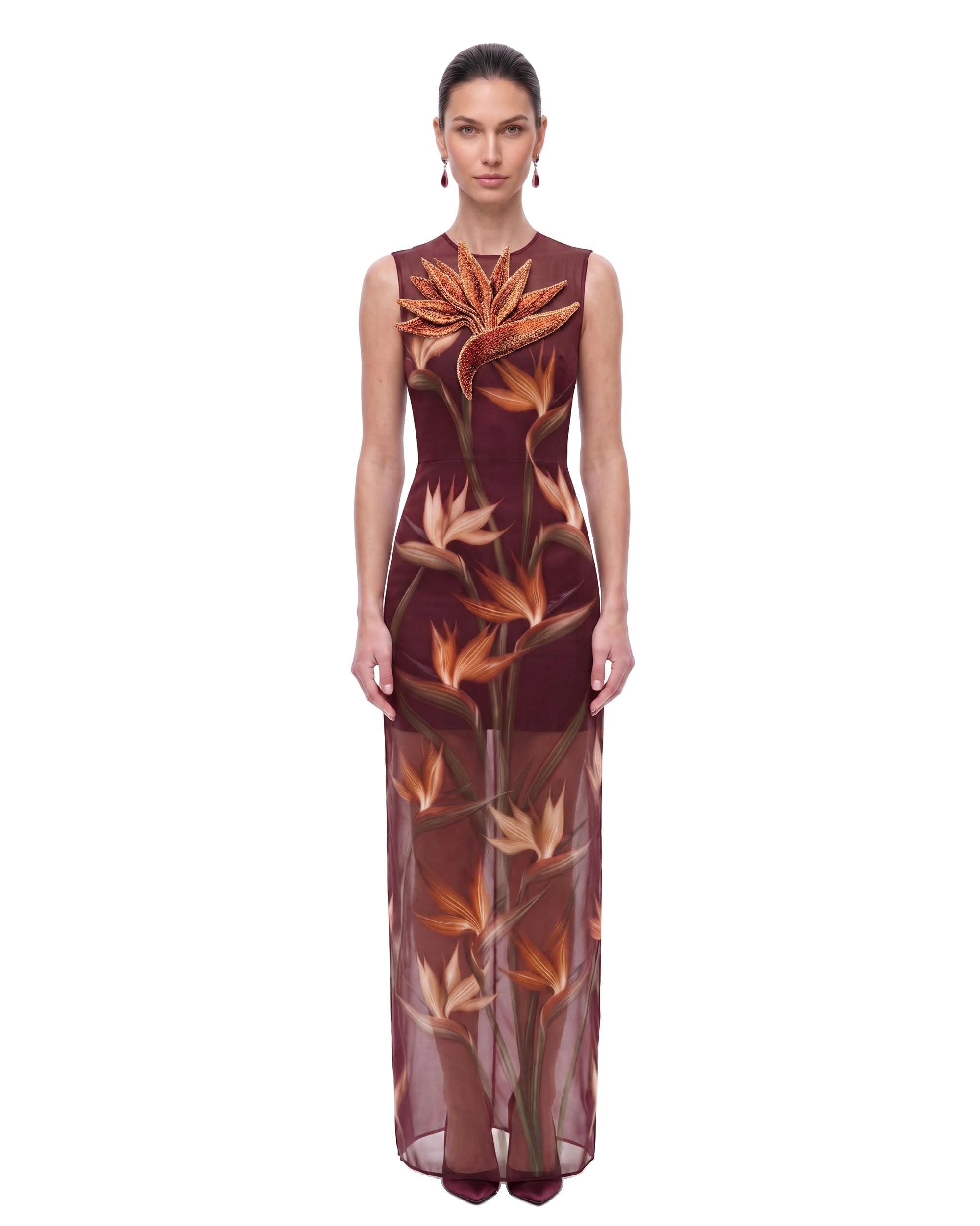 JW PEI maxi dress | Los Angeles Vegan Fashion Dresses | Luxury Shoes JW PEI Bird of Paradise Appliqué Sheer Column Maxi Dress