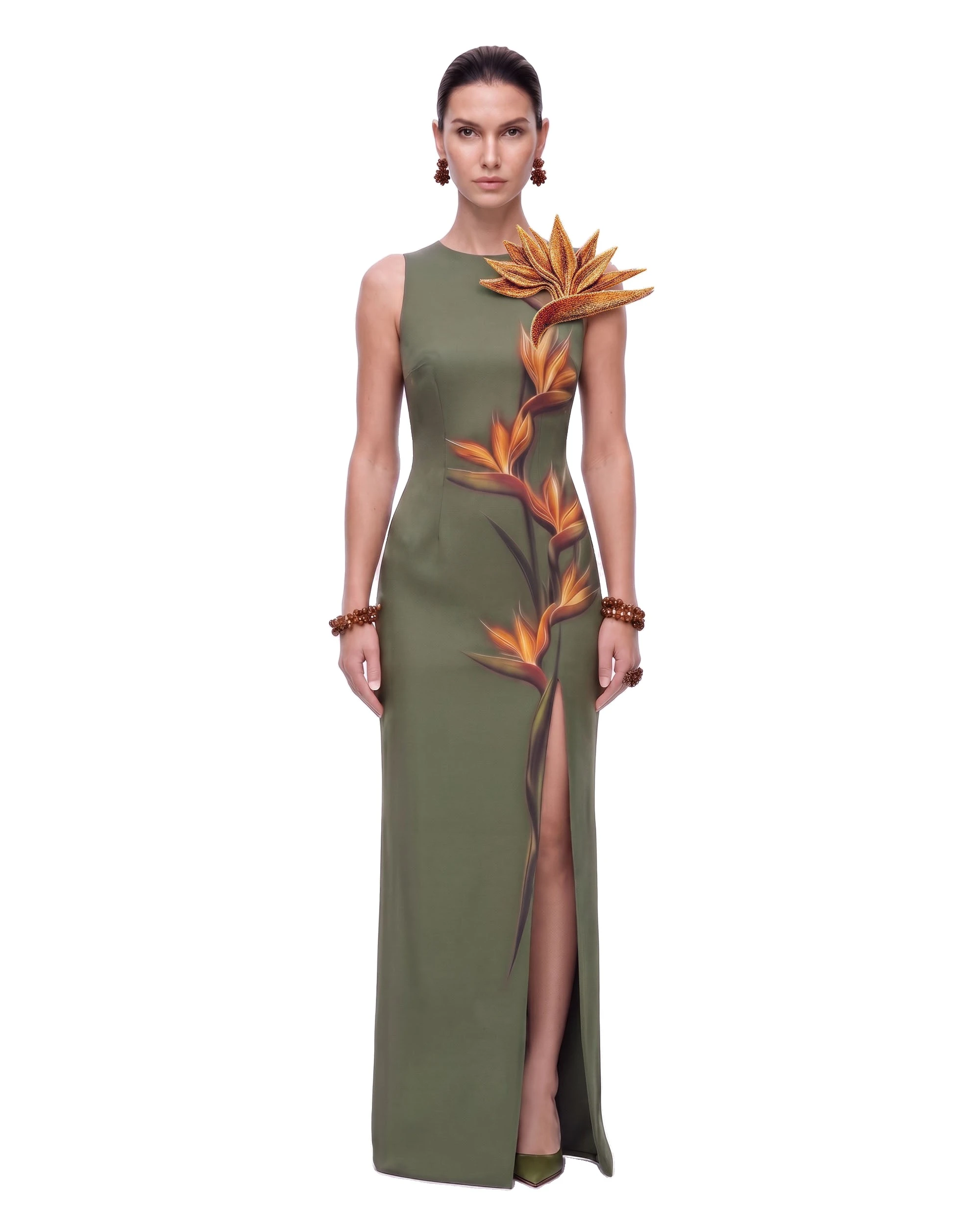 JW PEI maxi dress | Los Angeles Vegan Fashion Dresses | Luxury Shoes JW PEI Bird of Paradise Appliqué Slit Maxi Dress