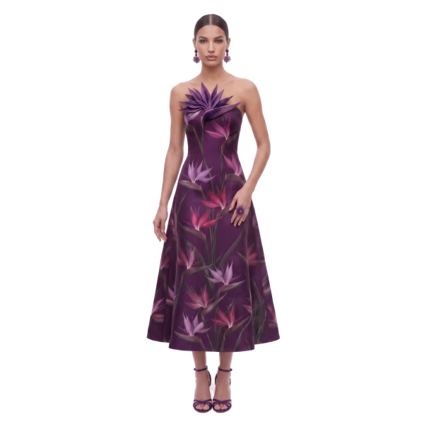 JW PEI Bird of Paradise Appliqué Strapless A-Line Midi Dress