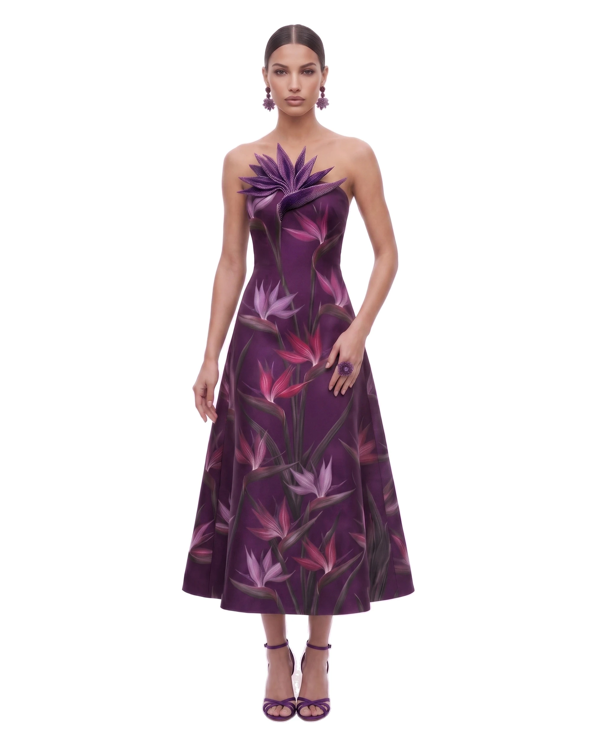 JW PEI midi dress | Los Angeles Vegan Fashion Dresses | Luxury Shoes JW PEI Bird of Paradise Appliqué Strapless A-Line Midi Dress