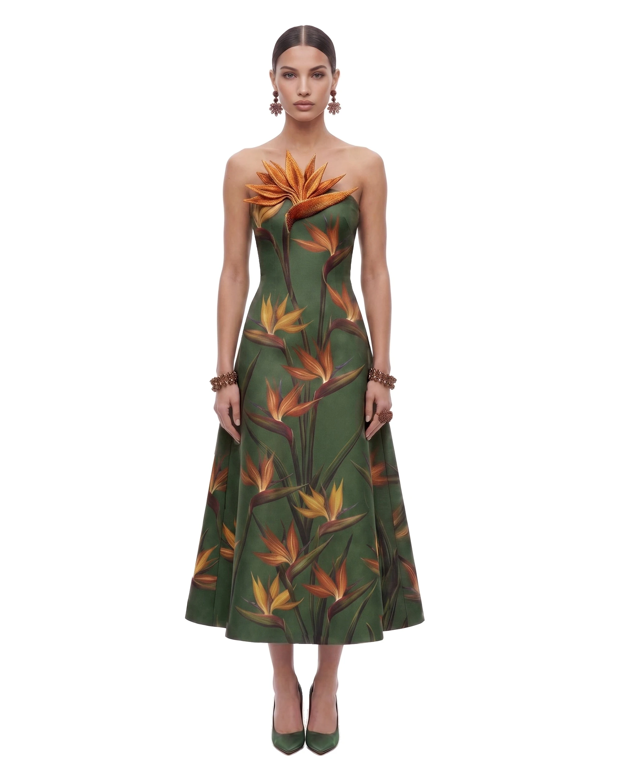 JW PEI midi dress | Los Angeles Vegan Fashion Dresses | Luxury Shoes JW PEI Bird of Paradise Appliqué Strapless A-Line Midi Dress