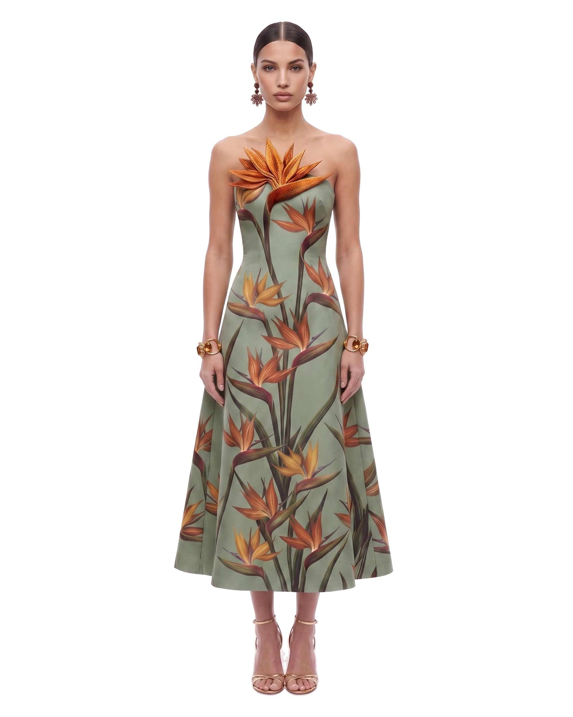 JW PEI midi dress | Los Angeles Vegan Fashion Dresses | Luxury Shoes JW PEI Bird of Paradise Appliqué Strapless A-Line Midi Dress