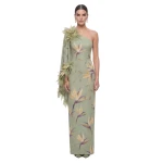JW PEI Bird of Paradise Feather-Trim One-Shoulder Maxi Dress