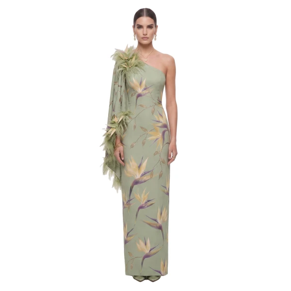 JW PEI Bird of Paradise Feather-Trim One-Shoulder Maxi Dress