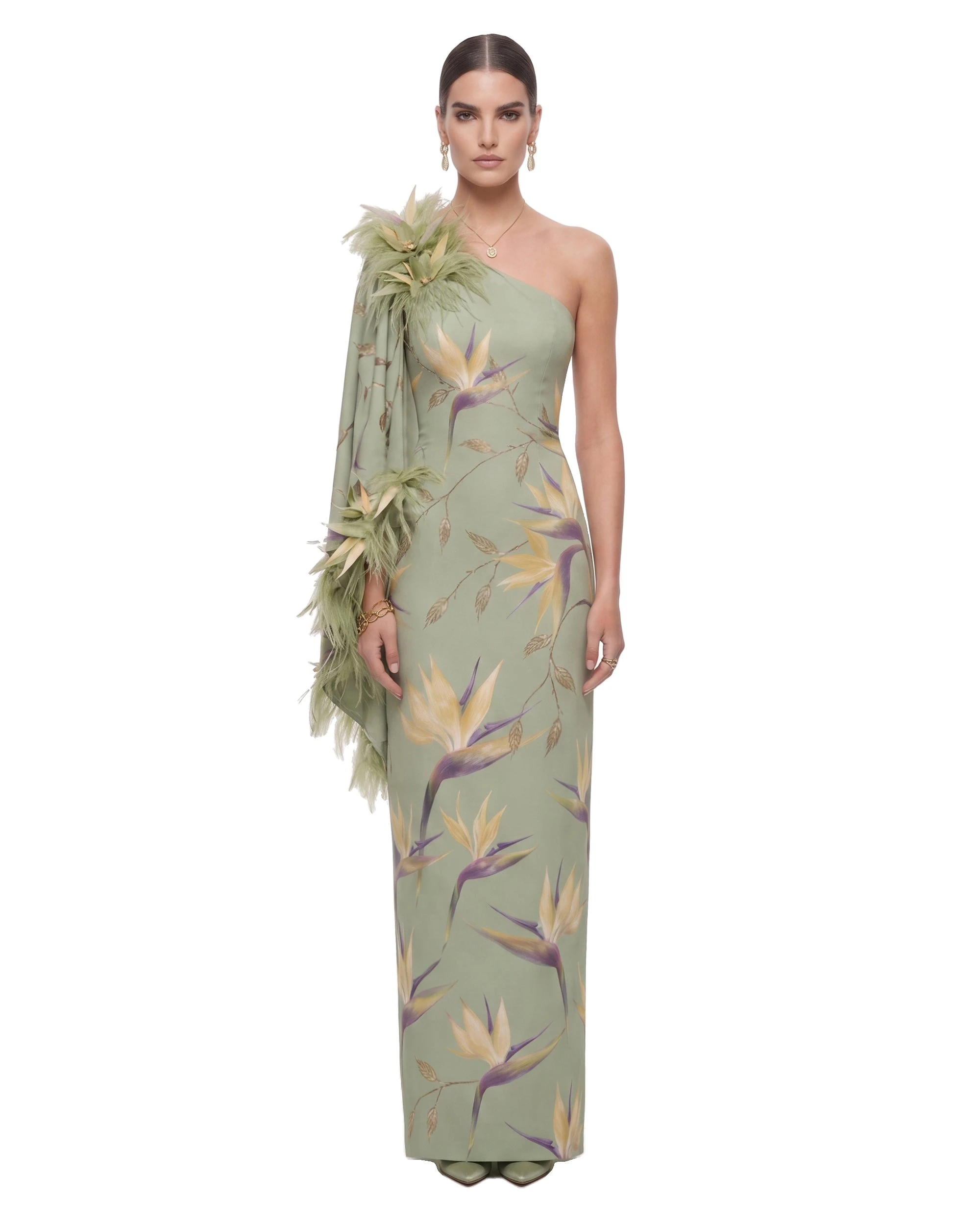 JW PEI maxi dress | Los Angeles Vegan Fashion Dresses | Luxury Shoes JW PEI Bird of Paradise Feather-Trim One-Shoulder Maxi Dress