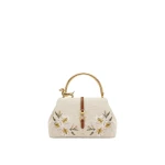 JW PEI Bruna Dachshund Metal Handle Lily Embroidered Top Handle Bag in Brown Canvas
