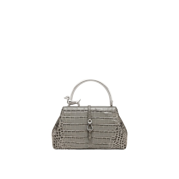JW PEI Bruna Dachshund Metal Handle Top Handle Bag in Light Grey Croc