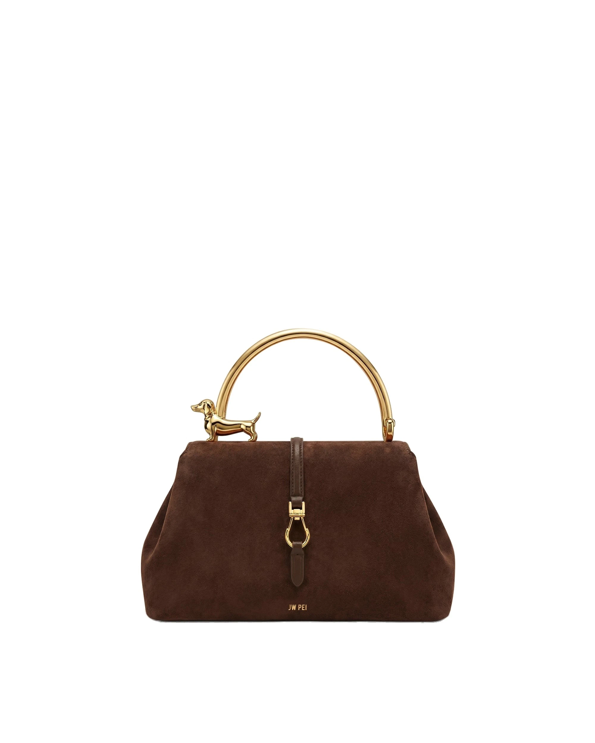 JW PEI Bruna Faux Suede Dachshund Metal Top Handle Bag in Sandalwood Brown | Totes & Top-Handle Bags | Luxury Shoes JW PEI Bruna Faux Suede Dachshund Metal Top Handle Bag in Sandalwood Brown