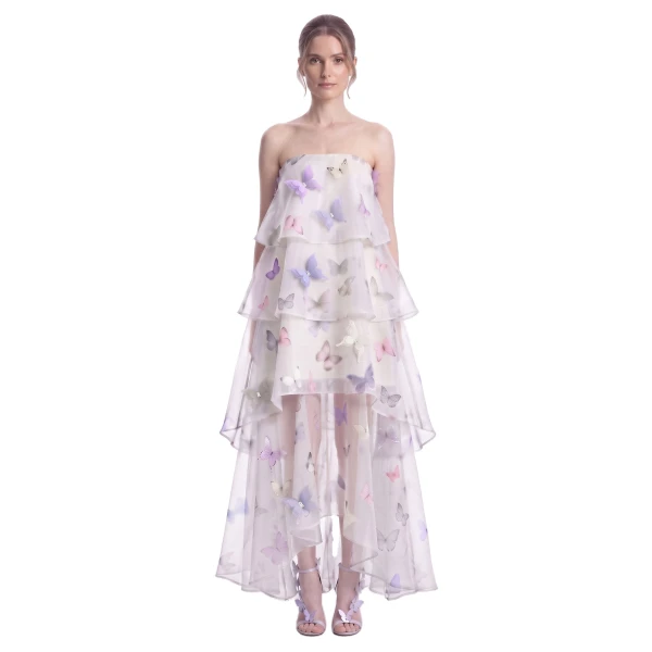 JW PEI Butterfly Appliqué Tiered Strapless High-Low Dress