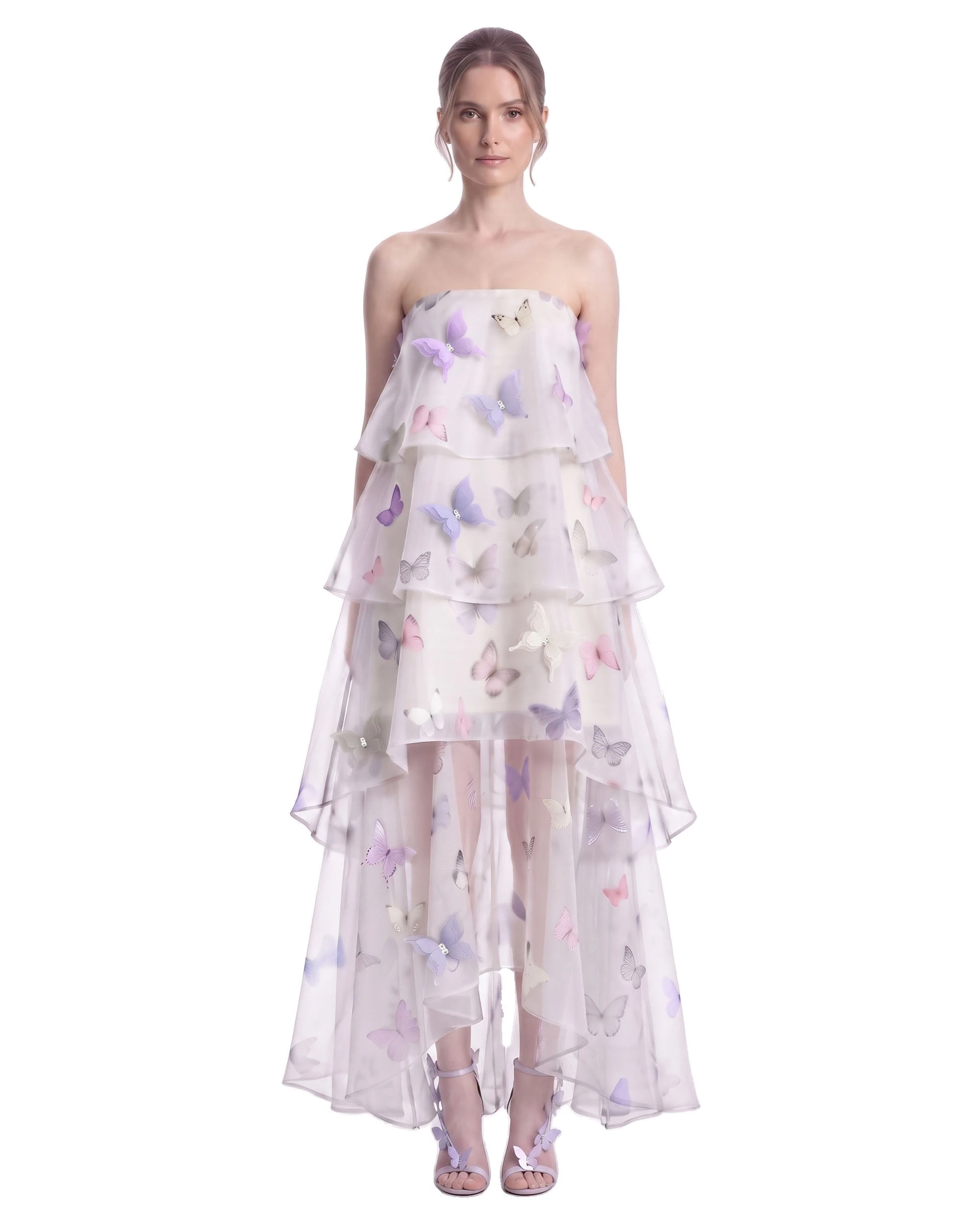 JW PEI dress | Los Angeles Vegan Fashion Dresses | Luxury Shoes JW PEI Butterfly Appliqué Tiered Strapless High-Low Dress