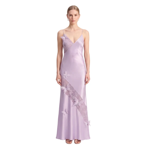 JW PEI Butterfly Lace Panel Satin Slip Maxi Dress