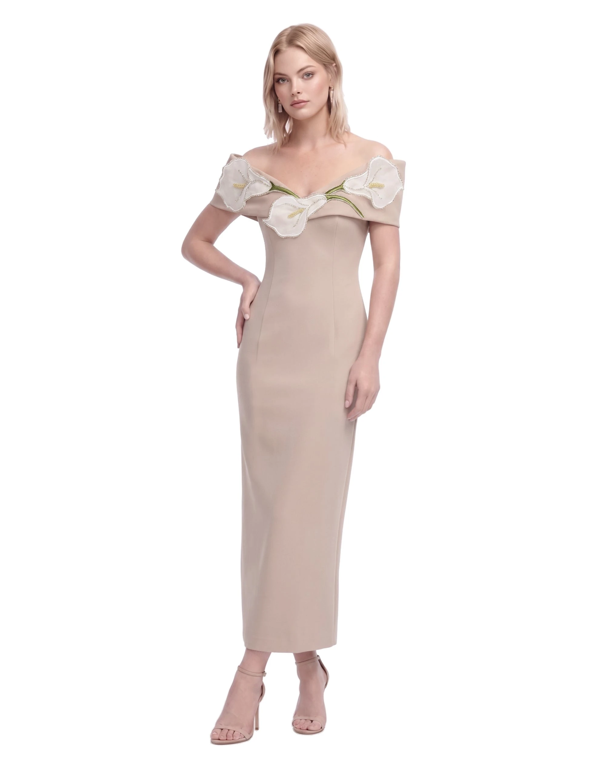 JW PEI maxi dress | Los Angeles Vegan Fashion Dresses | Luxury Shoes JW PEI Calla Lily 3D Floral Off Shoulder Maxi Dress