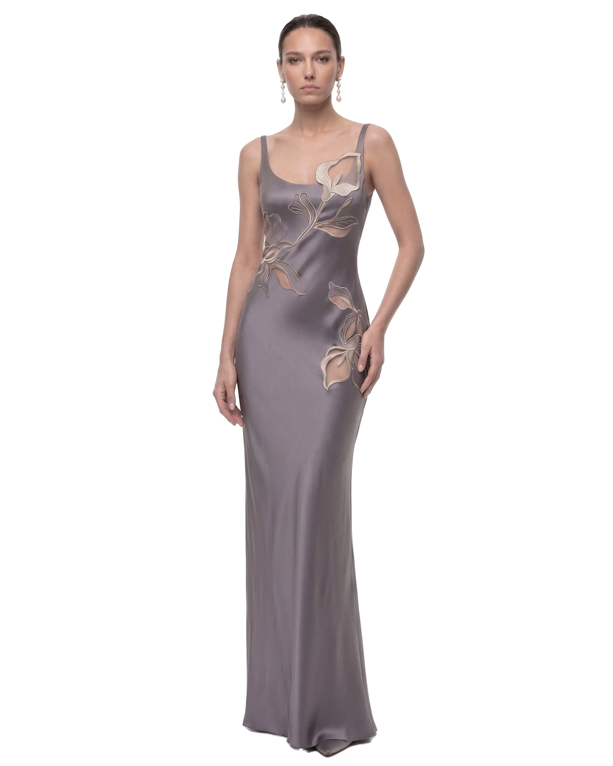 JW PEI maxi dress | Los Angeles Vegan Fashion Dresses | Luxury Shoes JW PEI Calla Lily 3D Floral Satin Maxi Dress