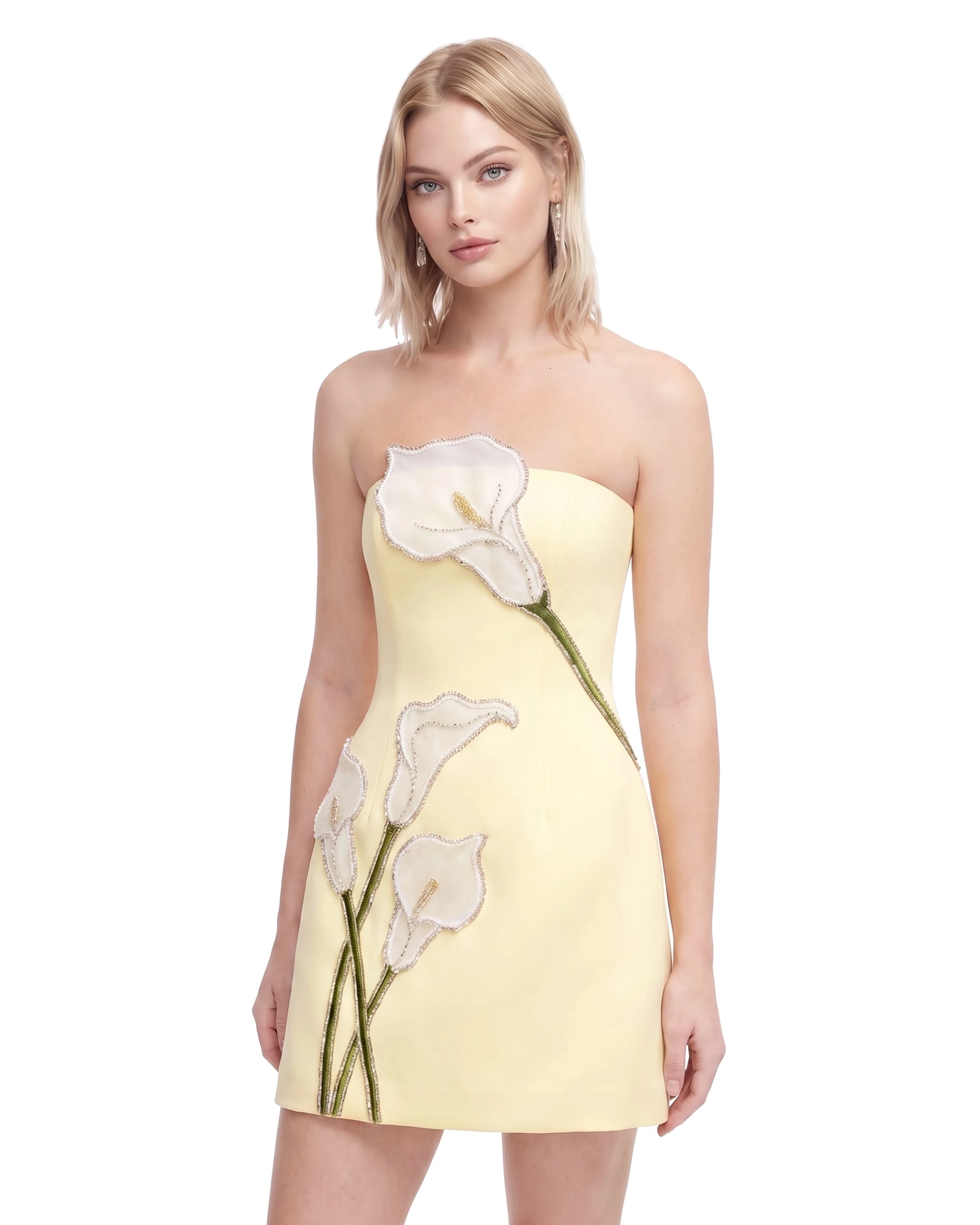 JW PEI mini dress | Los Angeles Vegan Fashion Dresses | Luxury Shoes JW PEI Calla Lily 3D Floral Strapless Mini Dress