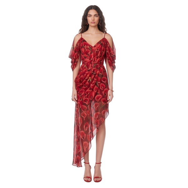 JW PEI Calla Lily Draped Cold-Shoulder Asymmetric Midi Dress