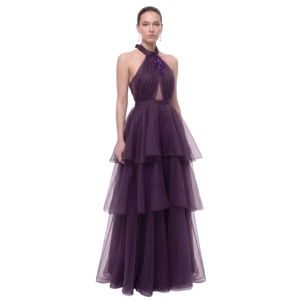 JW PEI Calla Lily Embellished Halter Tiered Tulle Maxi Dress