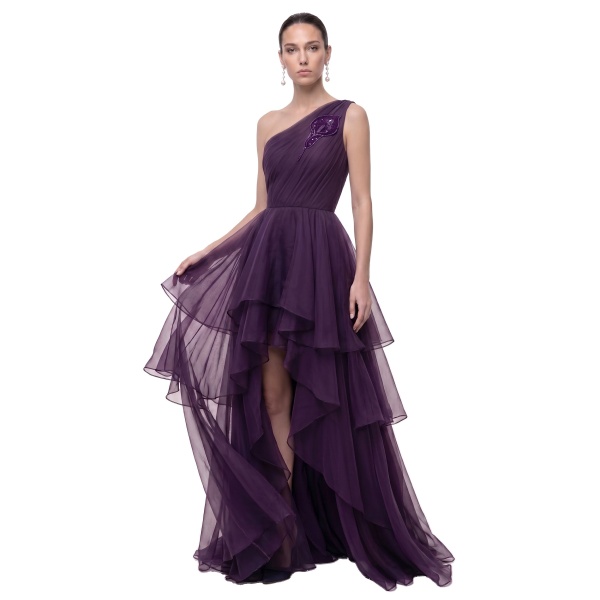 JW PEI Calla Lily Embellished One-Shoulder Tiered High-Low Gown