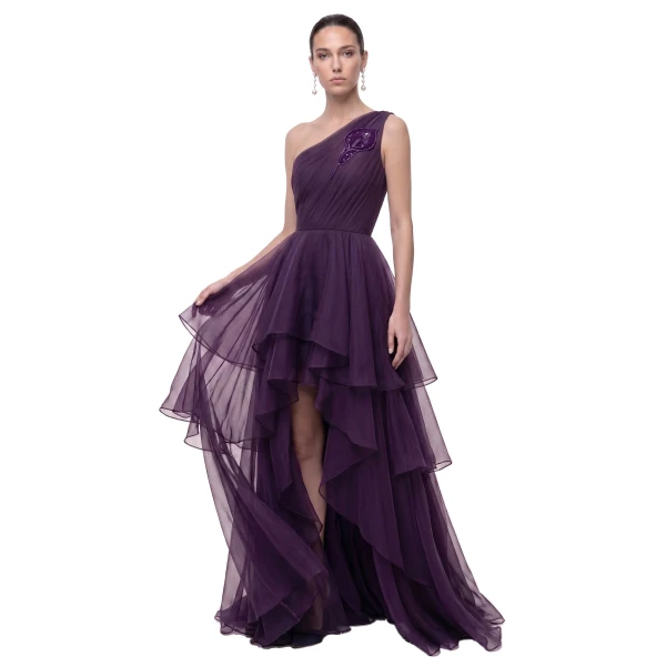 JW PEI Calla Lily Embellished One-Shoulder Tiered High-Low Gown