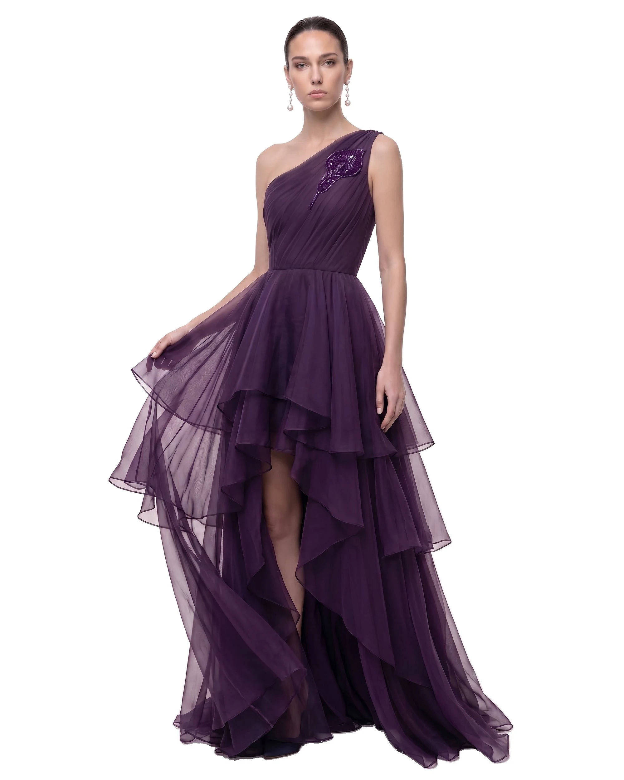 JW PEI gown | Los Angeles Vegan Fashion Dresses | Luxury Shoes JW PEI Calla Lily Embellished One-Shoulder Tiered High-Low Gown