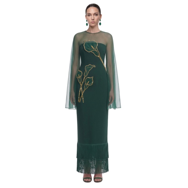JW PEI Calla Lily Embellished Sheer Cape Fringe Maxi Dress