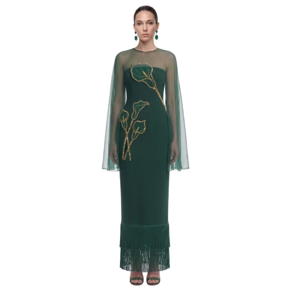JW PEI Calla Lily Embellished Sheer Cape Fringe Maxi Dress