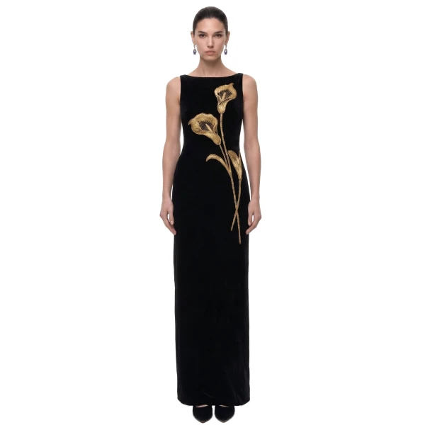 JW PEI Calla Lily Embellished Velvet Column Maxi Dress