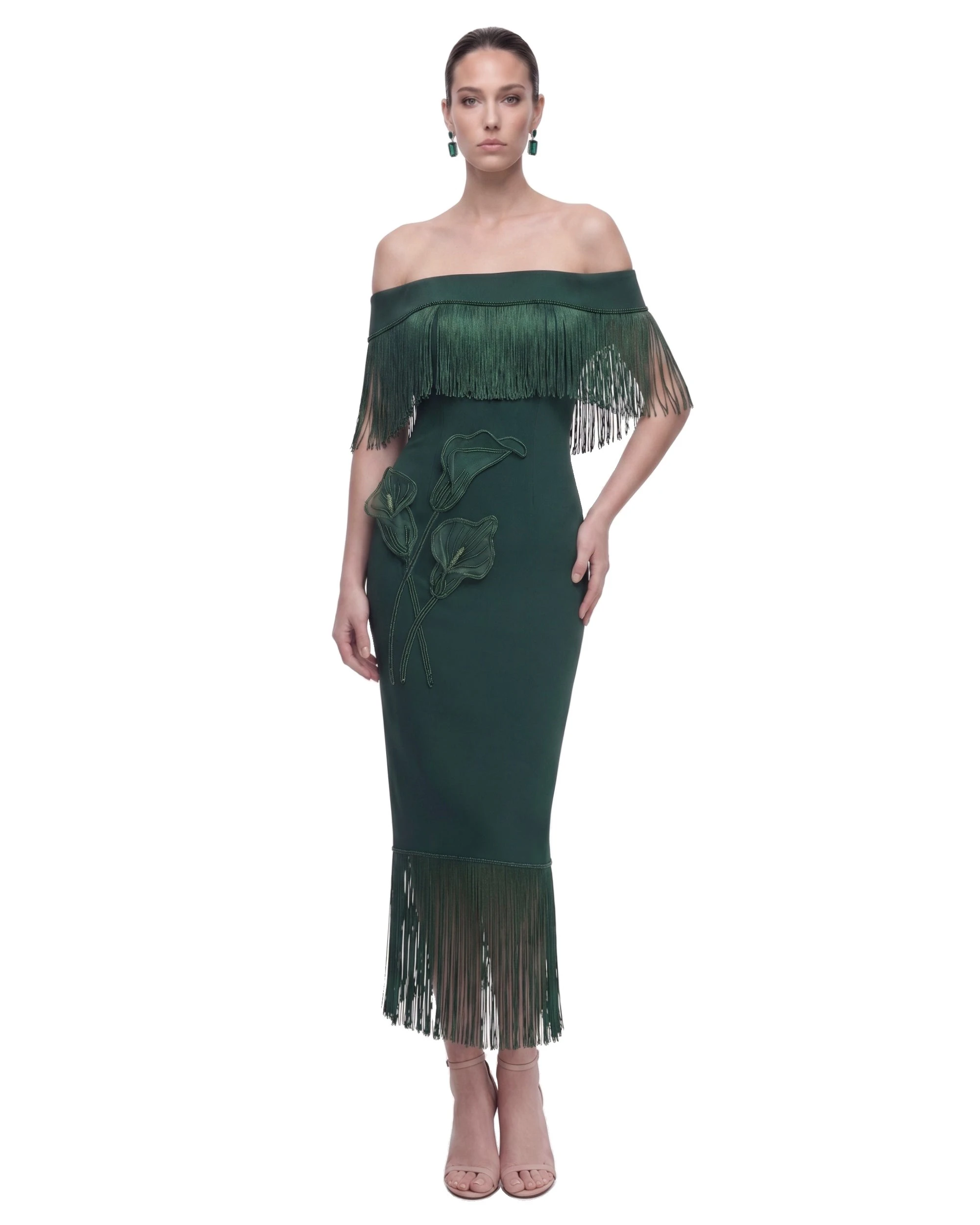 JW PEI midi dress | Los Angeles Vegan Fashion Dresses | Luxury Shoes JW PEI Calla Lily Off-Shoulder Fringe Midi Dress