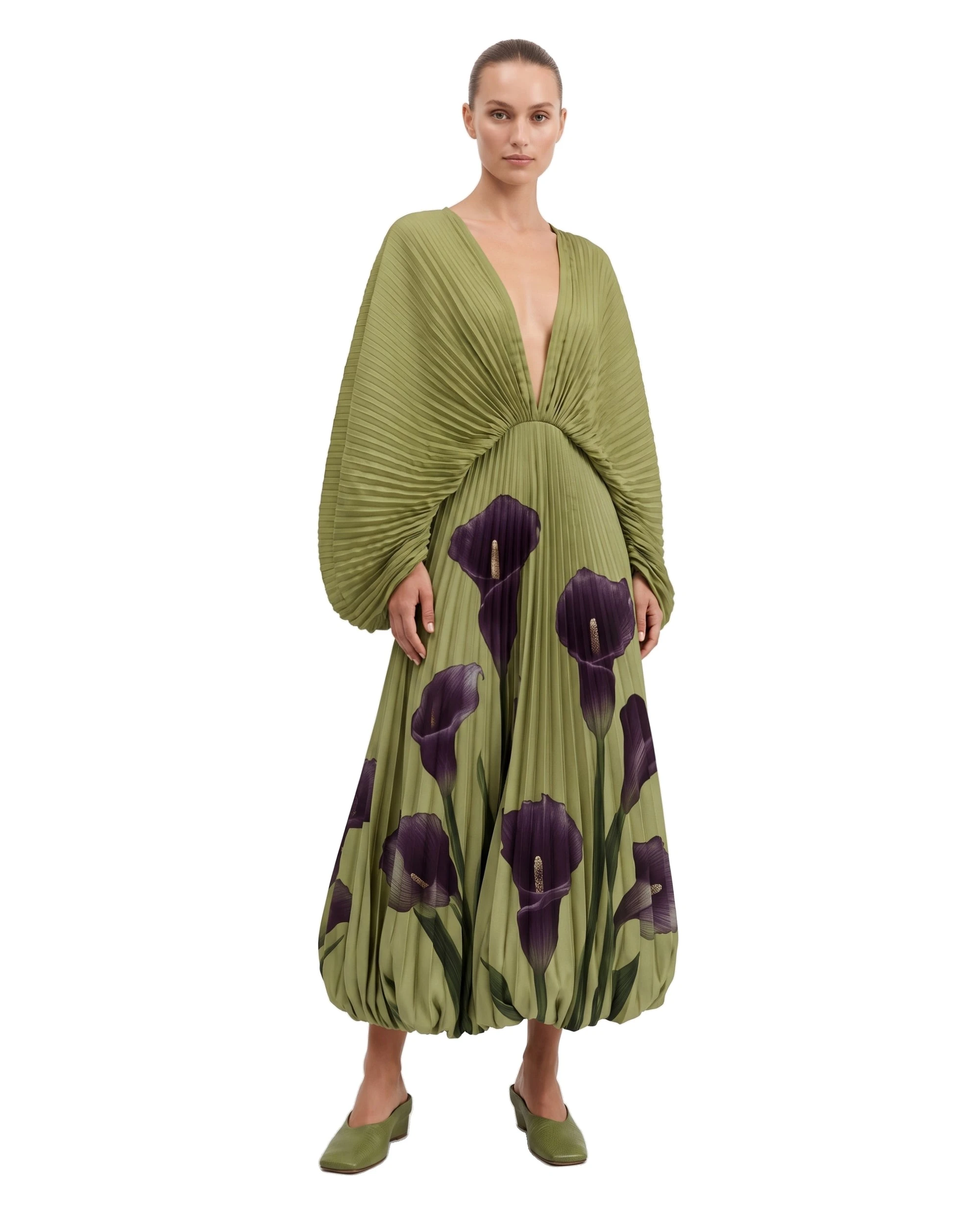 JW PEI maxi dress | Los Angeles Vegan Fashion Dresses | Luxury Shoes JW PEI Calla Lily Pleated Balloon-Hem Maxi Dress