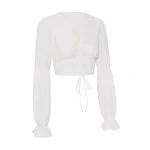 JW PEI Chiffon Lantern-Sleeve Tie-Front Cropped Blouse