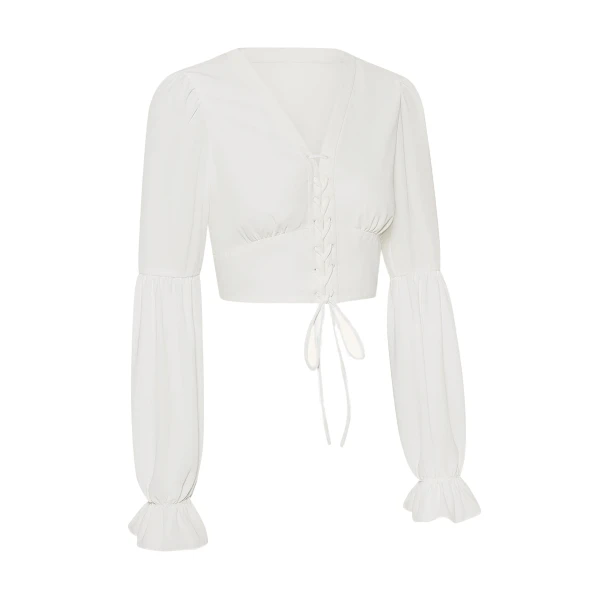JW PEI Chiffon Lantern-Sleeve Tie-Front Cropped Blouse