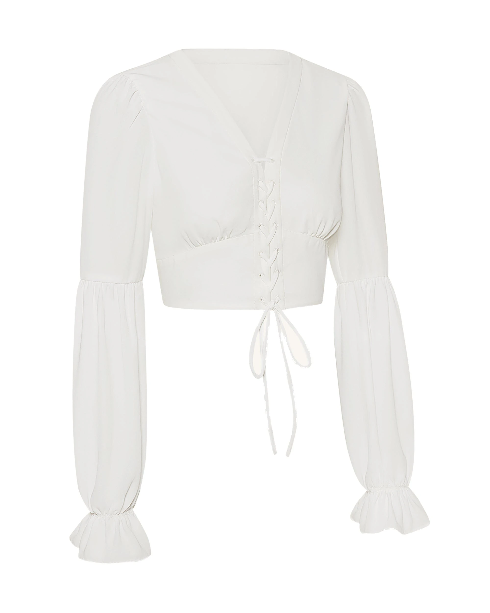 JW PEI blouse | Los Angeles Vegan Fashion Tops | Luxury Shoes JW PEI Chiffon Lantern-Sleeve Tie-Front Cropped Blouse