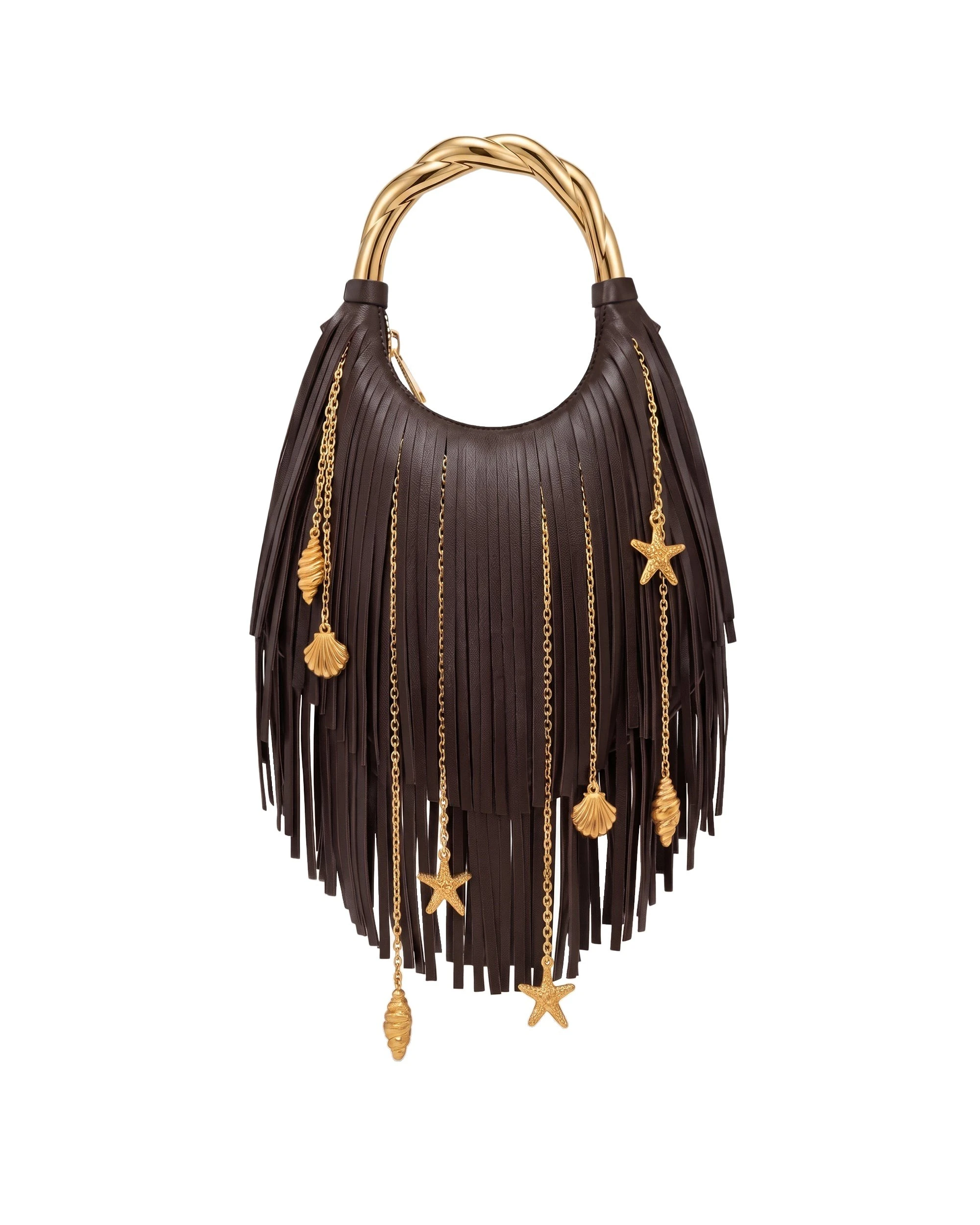 JW PEI Chloe Metal Handle Fringe Top Handbag in Dark Brown | Totes & Top-Handle Bags | Luxury Shoes JW PEI Chloe Metal Handle Fringe Top Handbag in Dark Brown