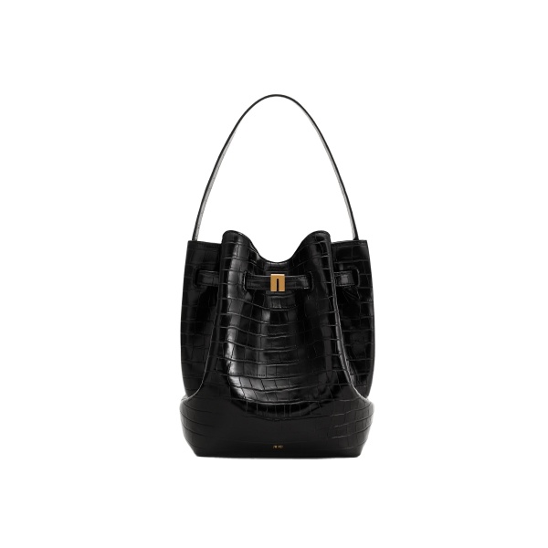 JW PEI Clara Lock Accent Bucket Shoulder Bag in Black Croc