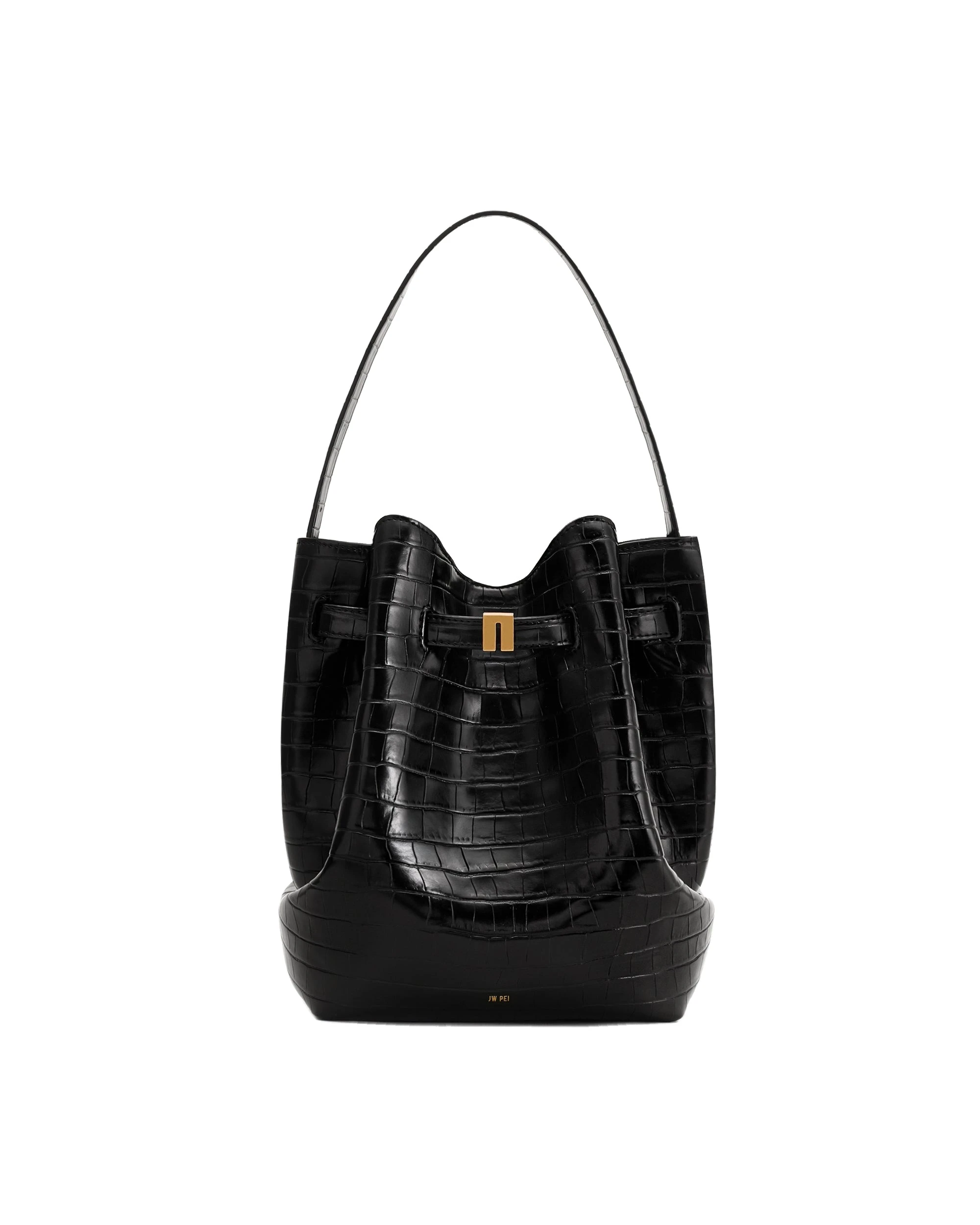 JW PEI Clara Lock Accent Bucket Shoulder Bag in Black Croc | Bucket Bags | Luxury Shoes JW PEI Clara Lock Accent Bucket Shoulder Bag in Black Croc