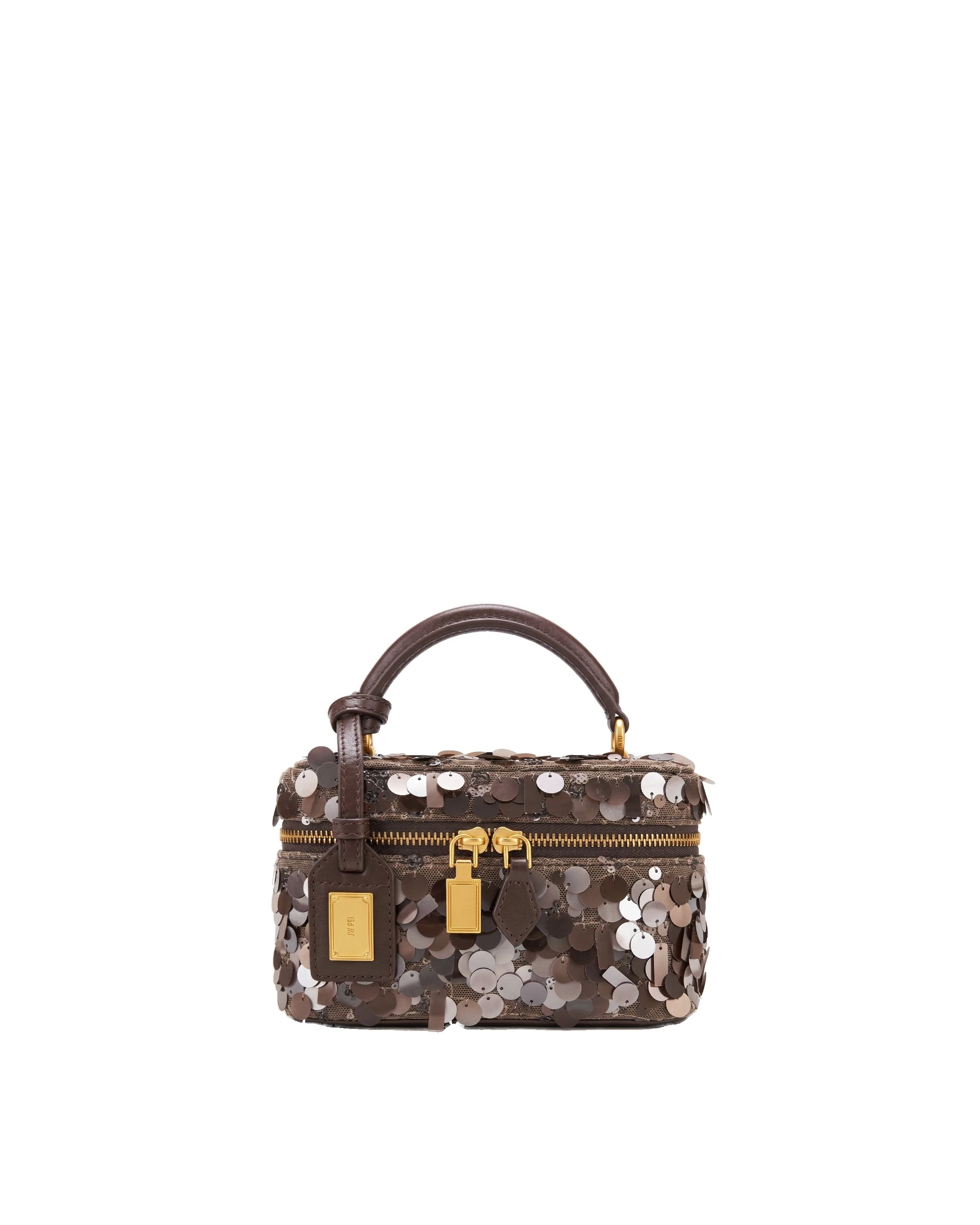 JW PEI Cleo Metallic Sequin Box Shape Top Handle Bag in Brown | Totes & Top-Handle Bags | Luxury Shoes JW PEI Cleo Metallic Sequin Box Shape Top Handle Bag in Brown