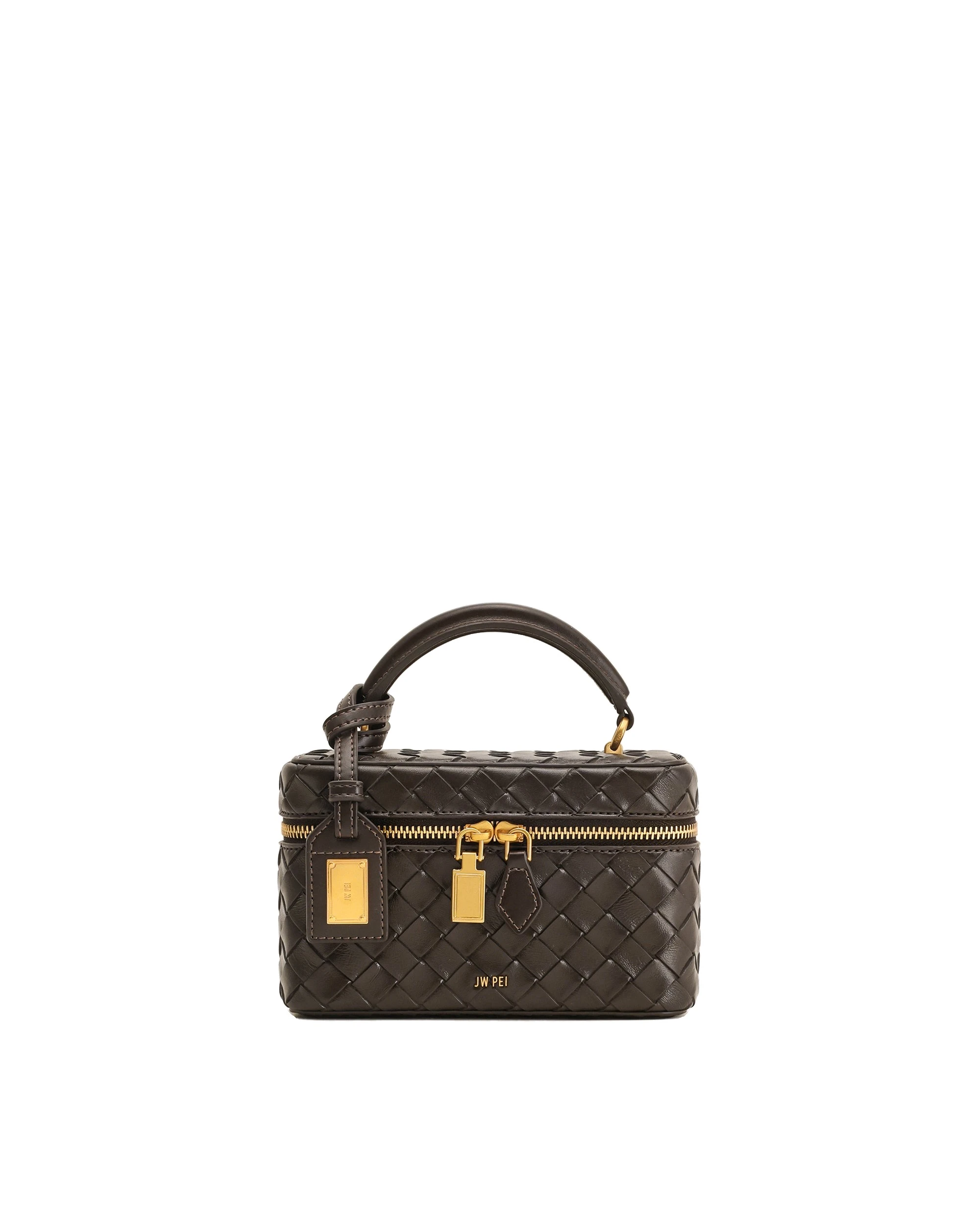 JW PEI Cleo Woven Texture Box Shape Top Handle Bag in Dark Brown | Totes & Top-Handle Bags | Luxury Shoes JW PEI Cleo Woven Texture Box Shape Top Handle Bag in Dark Brown