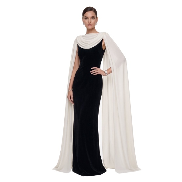 JW PEI Cowl Neck Sheer Cape Maxi Gown