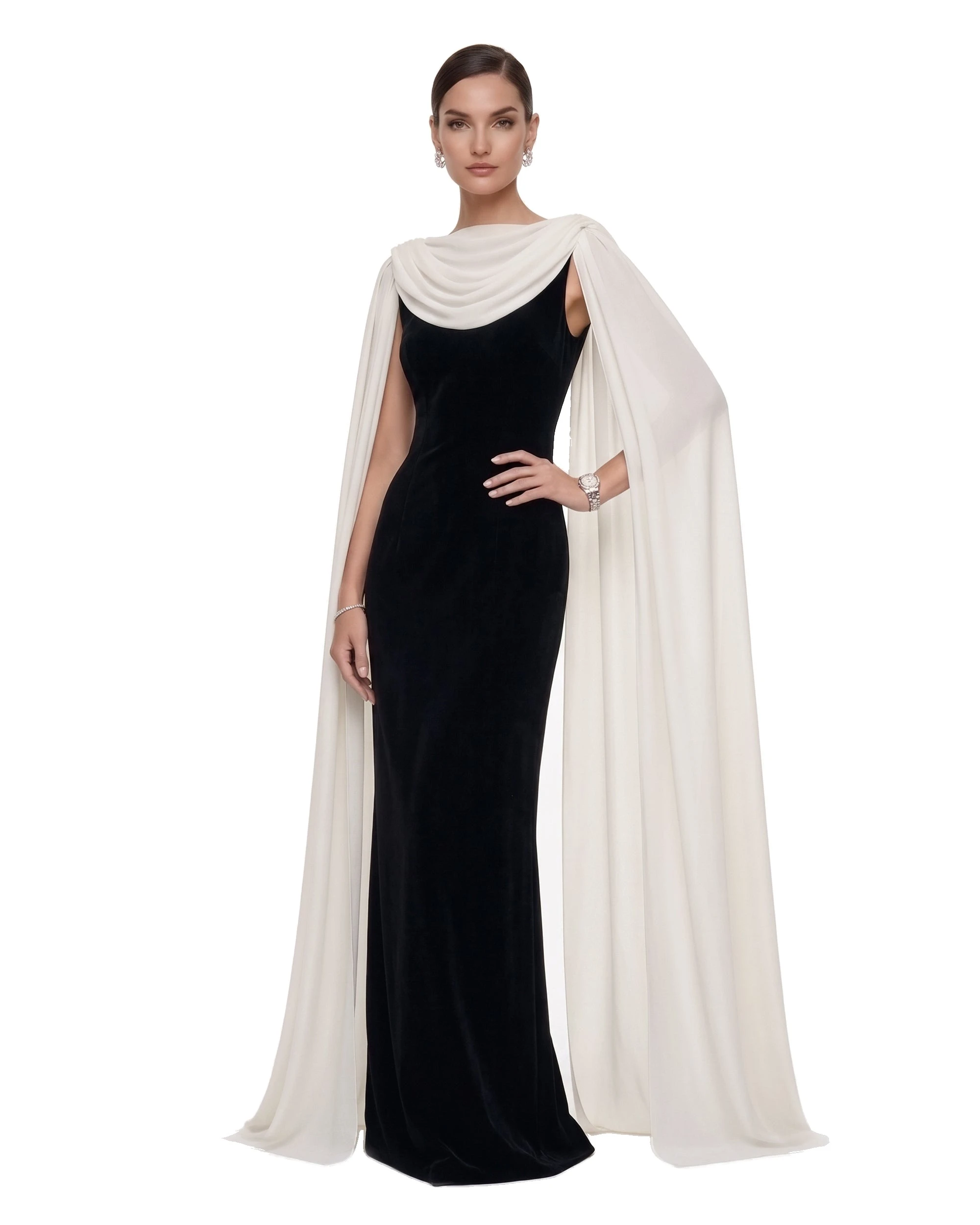 JW PEI gown | Los Angeles Vegan Fashion Dresses | Luxury Shoes JW PEI Cowl Neck Sheer Cape Maxi Gown
