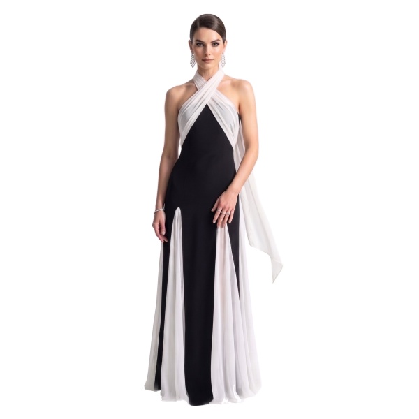 JW PEI Cross Halter Draped Contrast Slit Maxi Gown