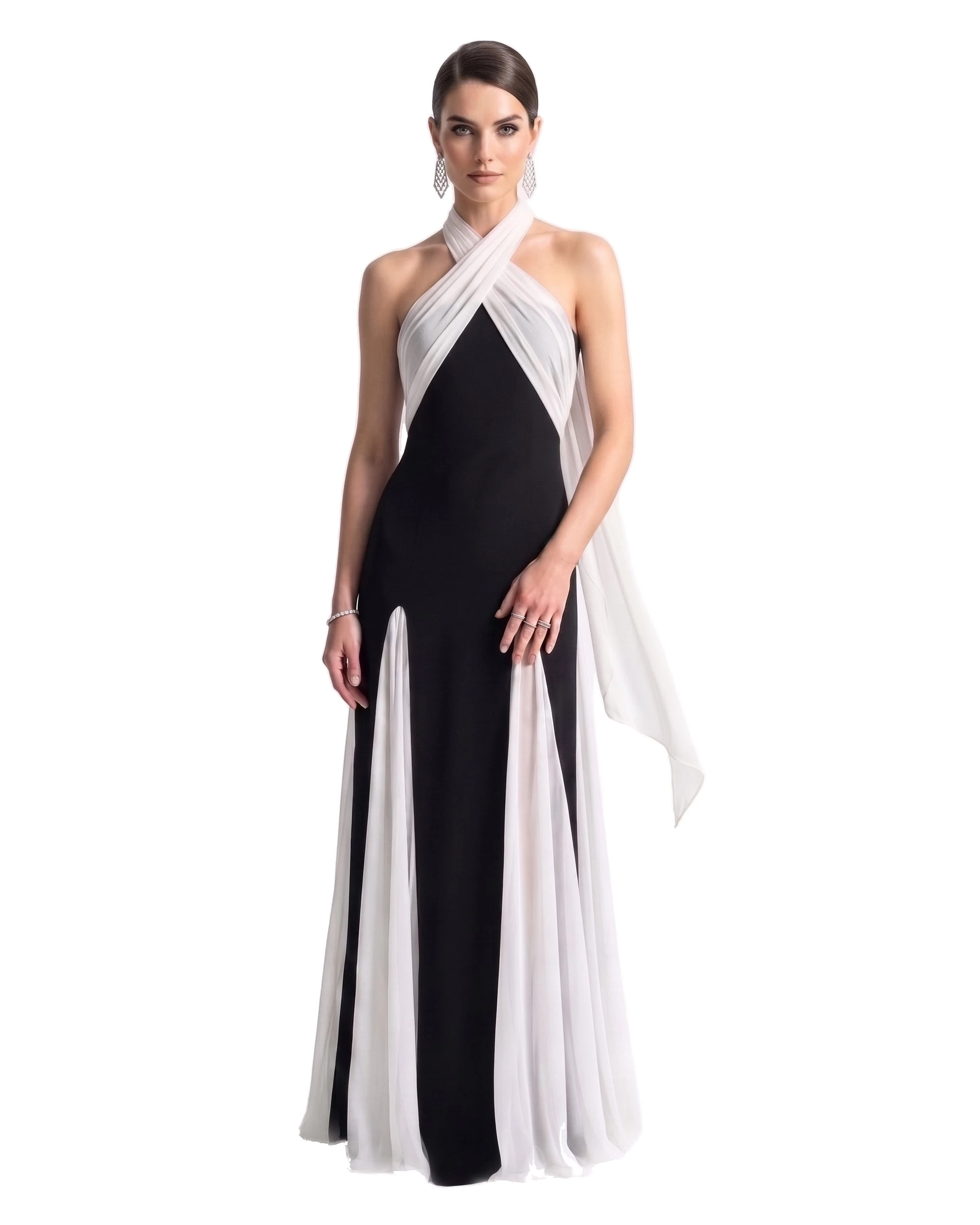 JW PEI gown | Los Angeles Vegan Fashion Dresses | Luxury Shoes JW PEI Cross Halter Draped Contrast Slit Maxi Gown
