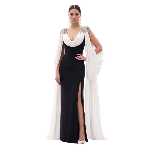 JW PEI Crystal Shoulder Cape Maxi Dress