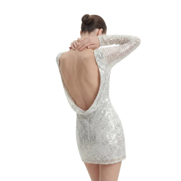 JW PEI Diagonal Sequin Open-Back Long Sleeve Mini Dress