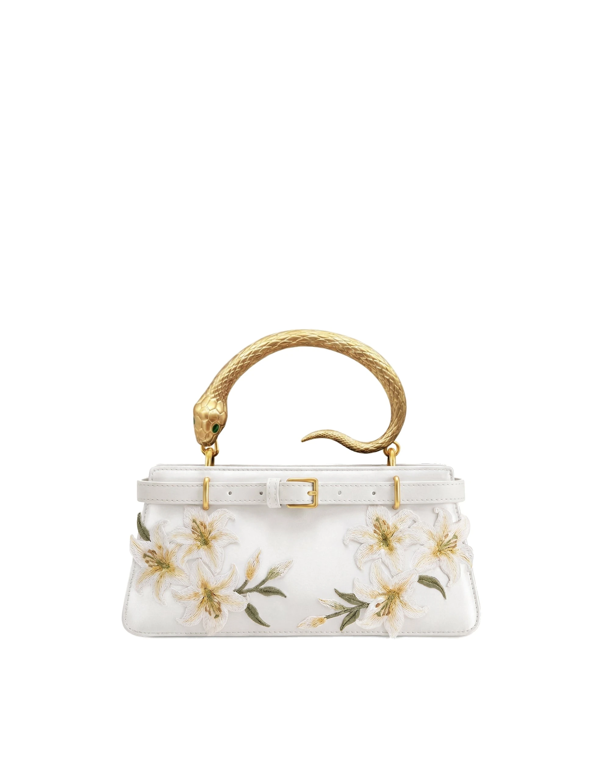 JW PEI Elena Snake Handle Lily Embroidered Top Handle Bag in White | Totes & Top-Handle Bags | Luxury Shoes JW PEI Elena Snake Handle Lily Embroidered Top Handle Bag in White