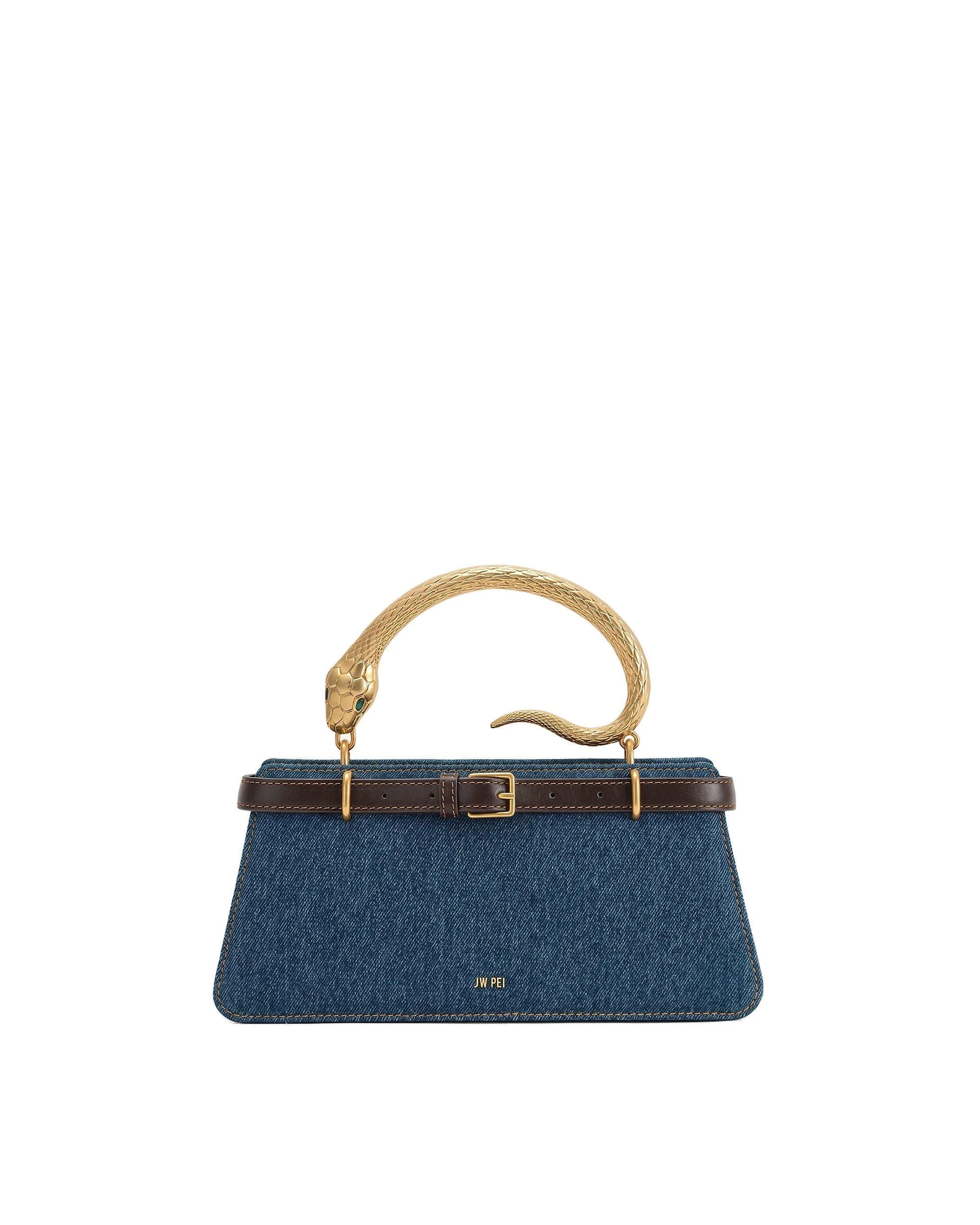 JW PEI Elena Snake Handle Top Handle Bag in Dark Blue Denim | Totes & Top-Handle Bags | Luxury Shoes JW PEI Elena Snake Handle Top Handle Bag in Dark Blue Denim