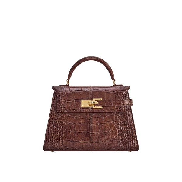 JW PEI Elise Large Croc-Embossed Top Handle Bag in Chestnut Brown