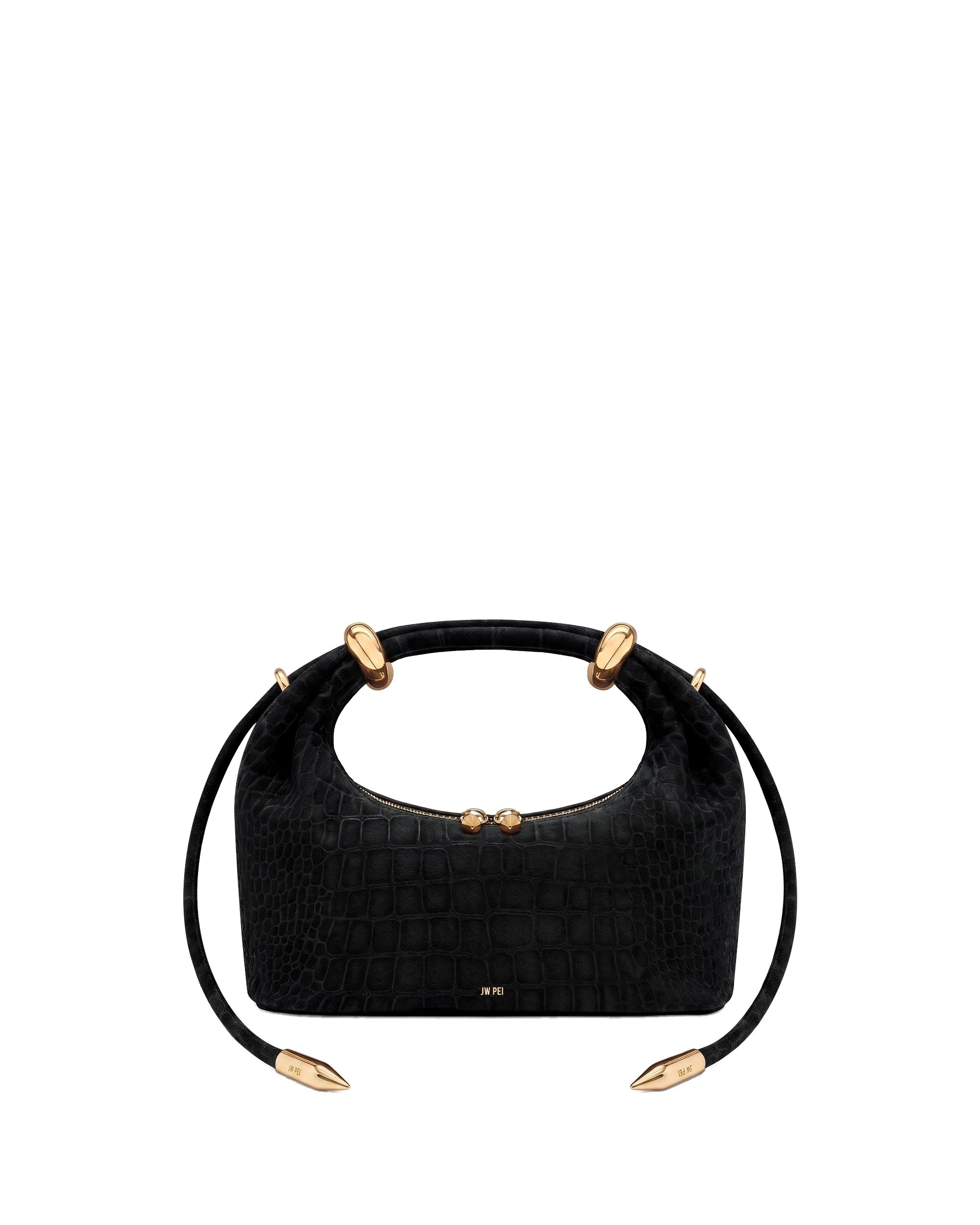 JW PEI Ellie Faux Suede Metal Ring Embellished Top Handle Bag in Black Croc | Totes & Top-Handle Bags | Luxury Shoes JW PEI Ellie Faux Suede Metal Ring Embellished Top Handle Bag in Black Croc