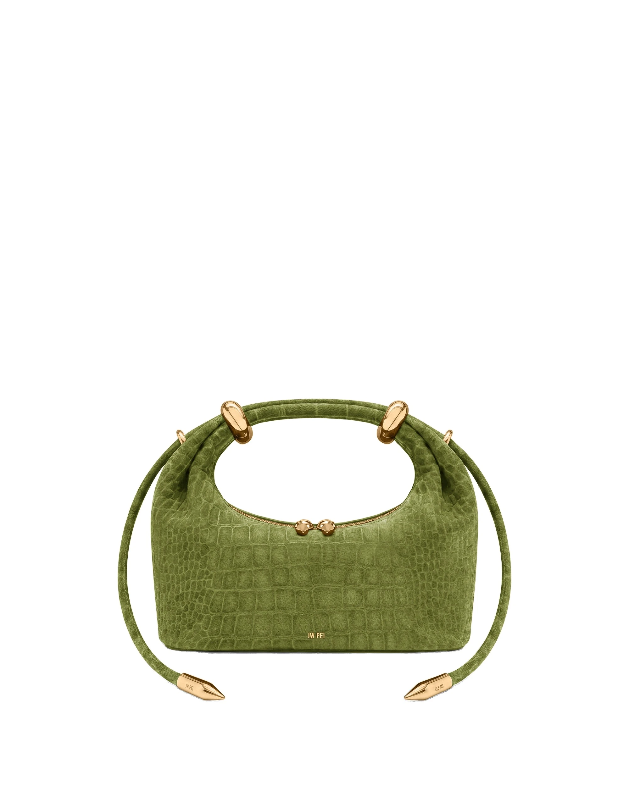 JW PEI Ellie Faux Suede Metal Ring Embellished Top Handle Bag in Green Croc | Totes & Top-Handle Bags | Luxury Shoes JW PEI Ellie Faux Suede Metal Ring Embellished Top Handle Bag in Green Croc