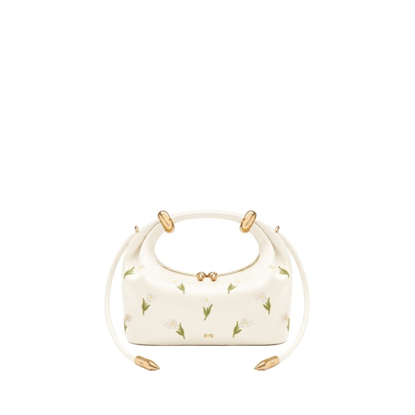 JW PEI Ellie Satin Finish Embroidered Metal Ring Embellished Top Handle Bag in White